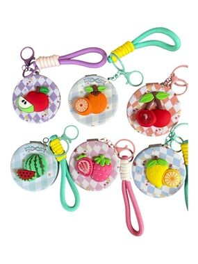 Cute Fruit Compact Mirror Keychain - Assorted Colors plain & magnified mirror.